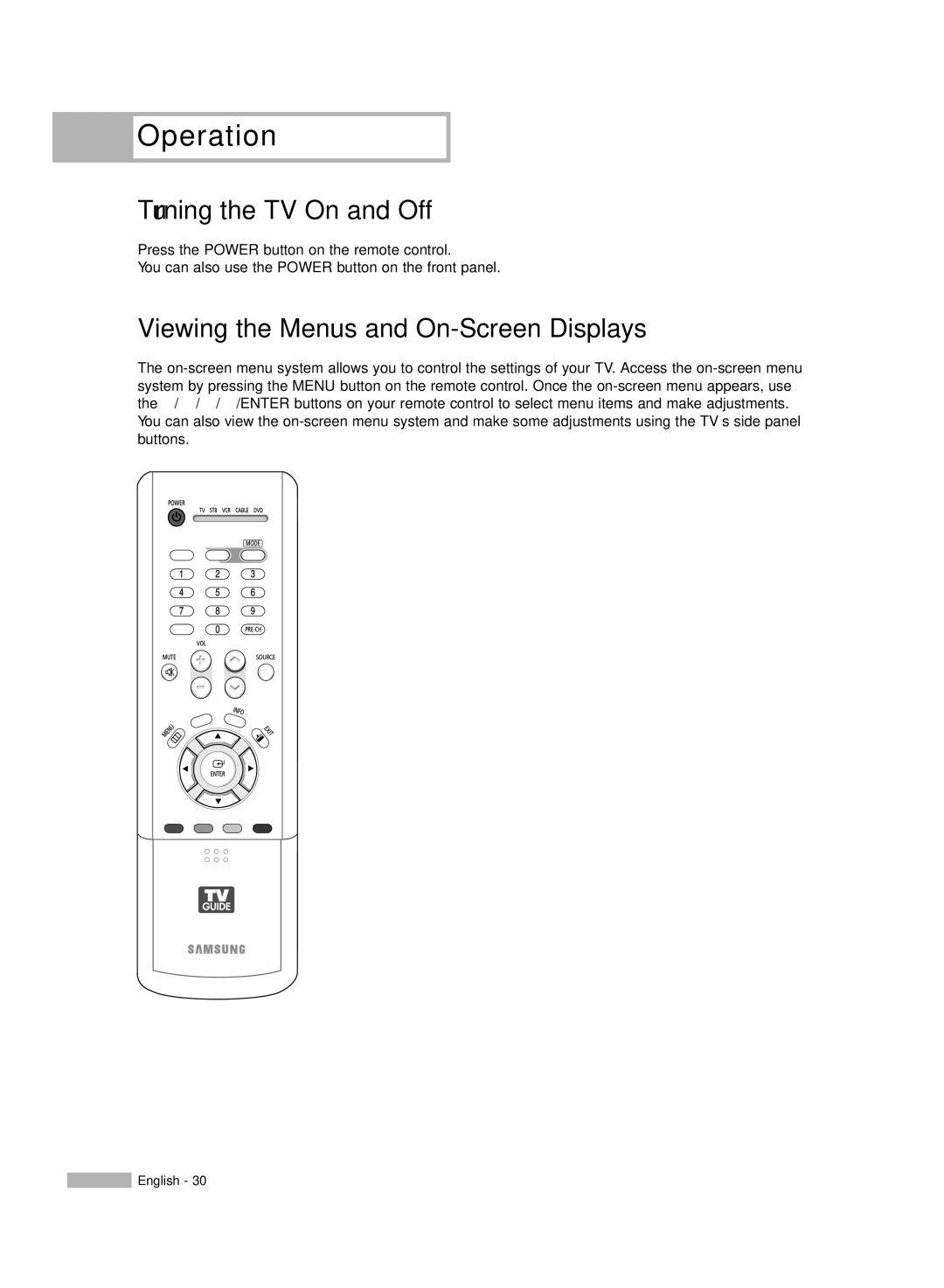 Samsung HL-R6167W Operation, Turning the TV On and Off, Viewing the Menus and On-Screen Displays, Viewing the Display 