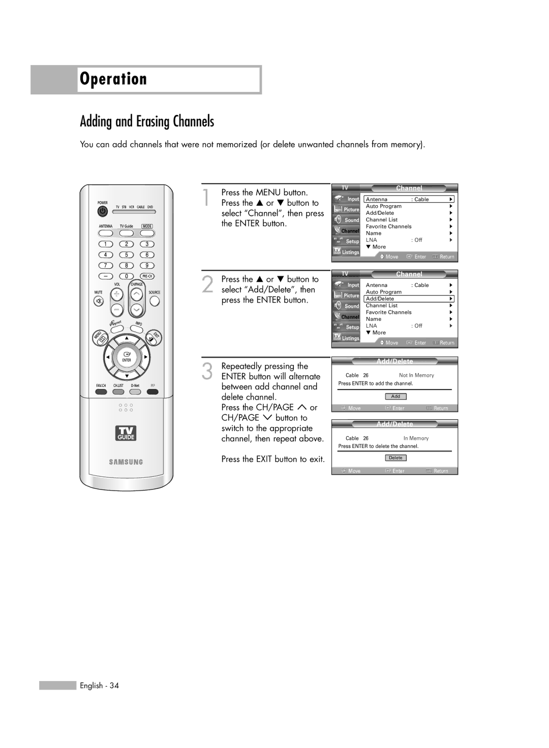 Samsung HL-R5067W, HL-R6167W, HL-R5667W manual Adding and Erasing Channels, Add/Delete 