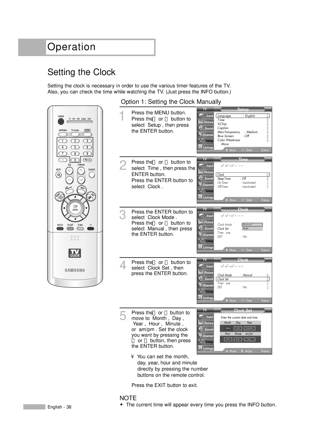 Samsung HL-R5667W, HL-R6167W, HL-R5067W manual Option 1 Setting the Clock Manually 