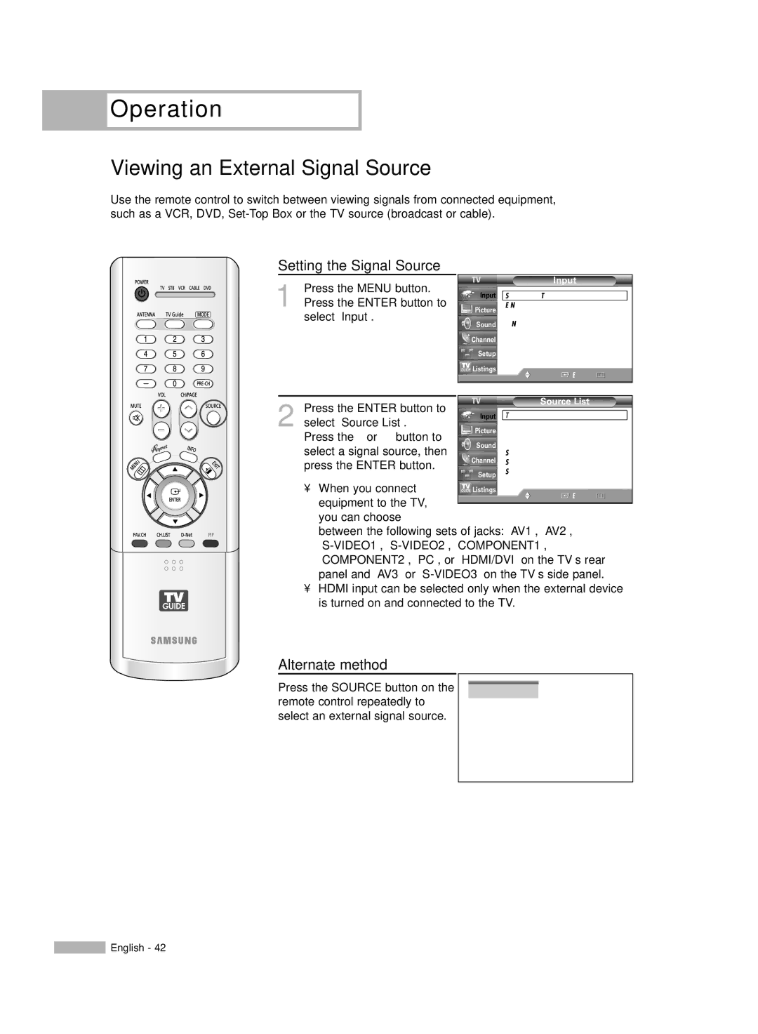 Samsung HL-R6167W, HL-R5067W, HL-R5667W manual Viewing an External Signal Source, Setting the Signal Source, Source List 