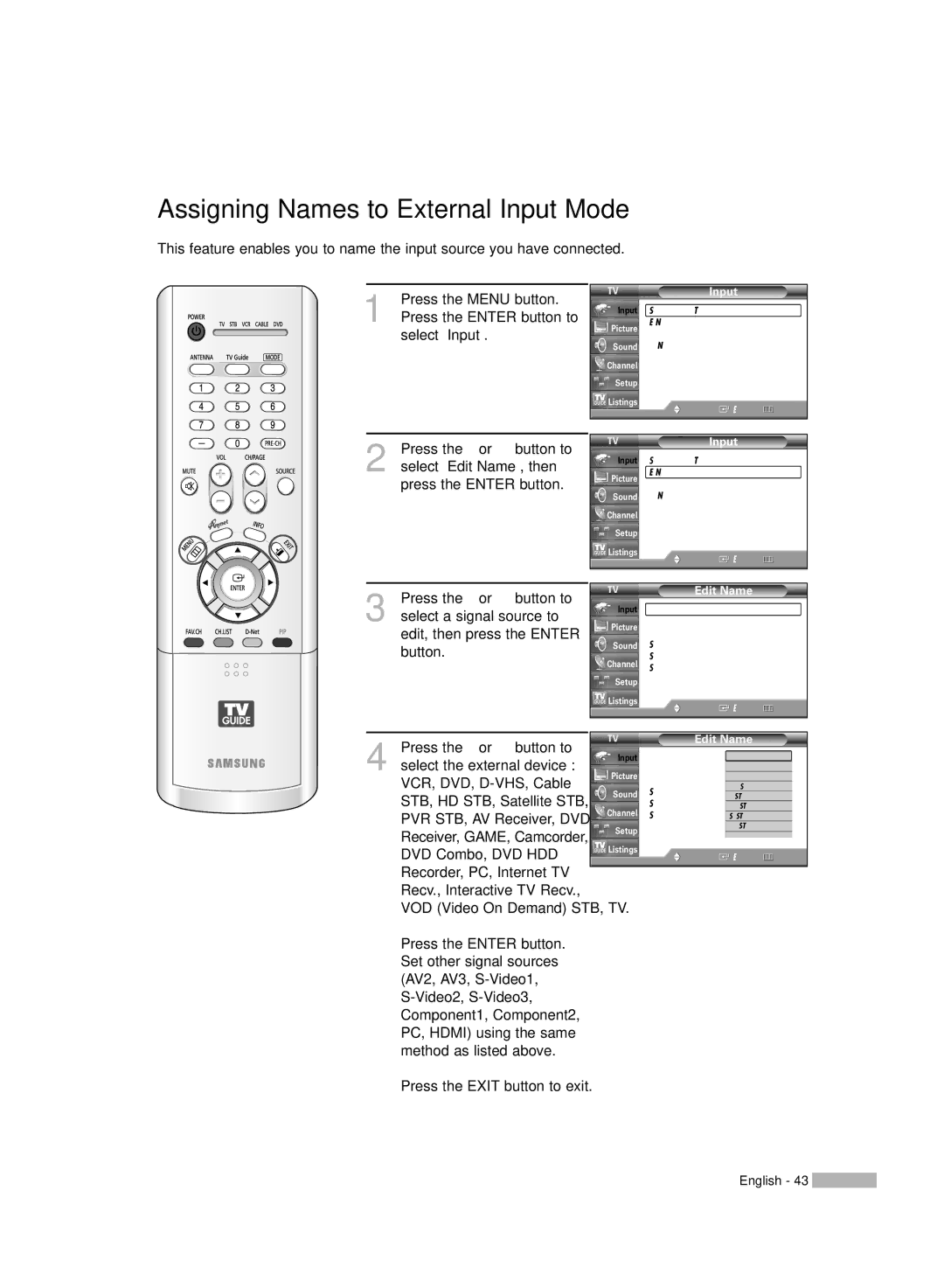 Samsung HL-R5067W, HL-R6167W, HL-R5667W manual Assigning Names to External Input Mode, Edit Name 