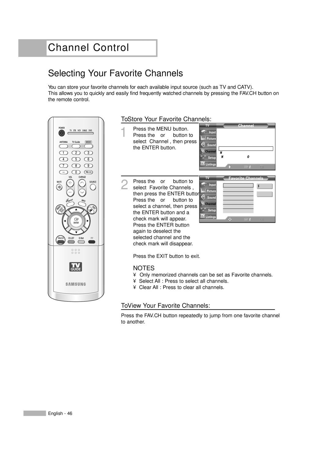 Samsung HL-R5067W, HL-R6167W, HL-R5667W Channel Control, Selecting Your Favorite Channels, To Store Your Favorite Channels 