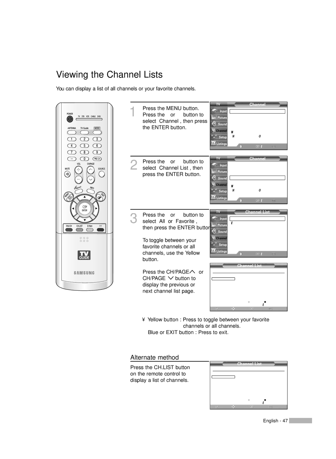 Samsung HL-R5667W, HL-R6167W, HL-R5067W manual Viewing the Channel Lists 