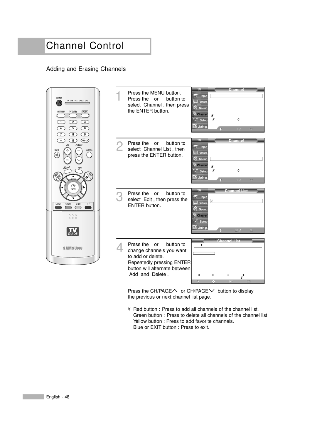 Samsung HL-R6167W, HL-R5067W, HL-R5667W manual Adding and Erasing Channels 