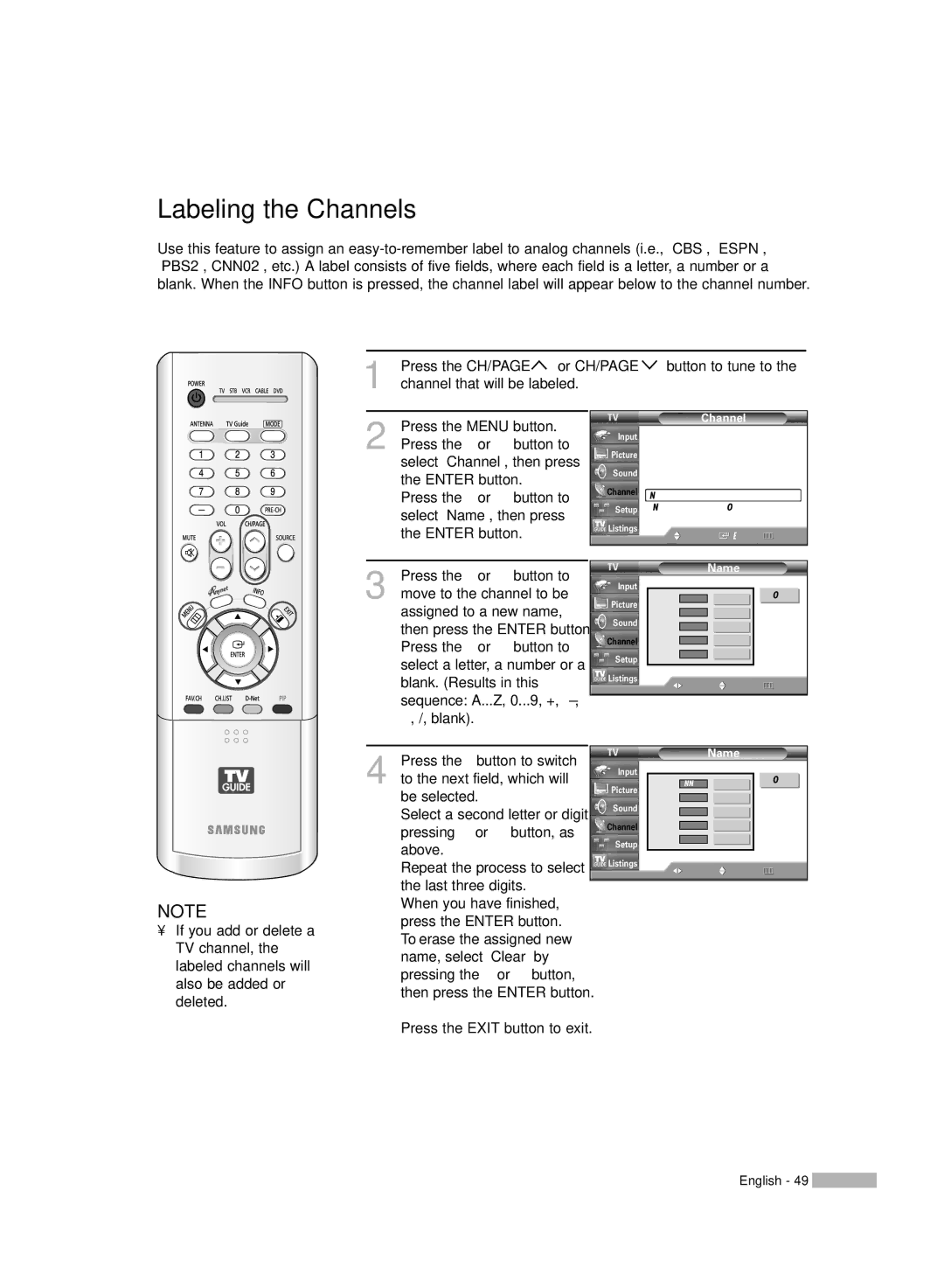 Samsung HL-R5067W, HL-R6167W, HL-R5667W manual Labeling the Channels, Name 