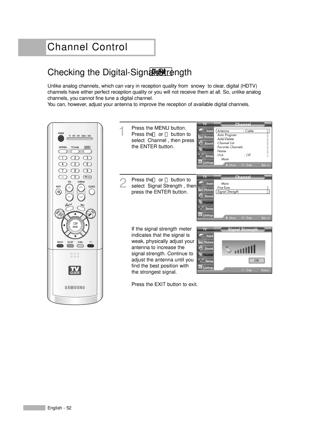 Samsung HL-R5067W, HL-R6167W, HL-R5667W manual Digital, Signal Strength 