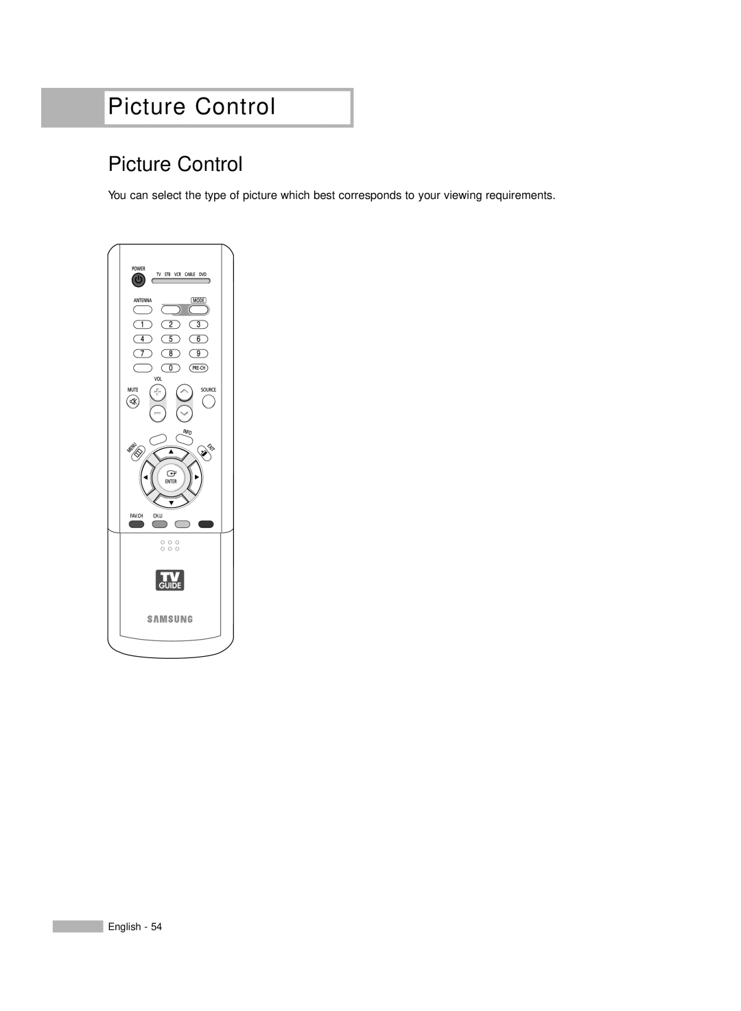 Samsung HL-R6167W, HL-R5067W, HL-R5667W manual Picture Control, Changing the Picture Standard, Mode 