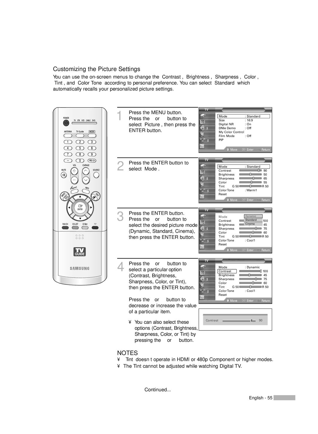 Samsung HL-R5067W, HL-R6167W, HL-R5667W manual Customizing the Picture Settings 