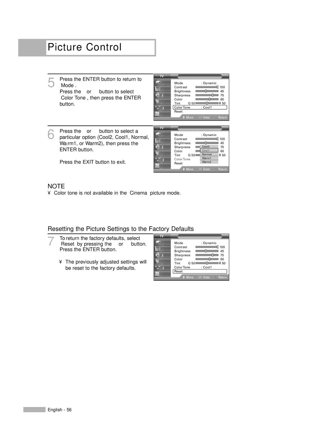 Samsung HL-R5667W, HL-R6167W, HL-R5067W manual Resetting the Picture Settings to the Factory Defaults 