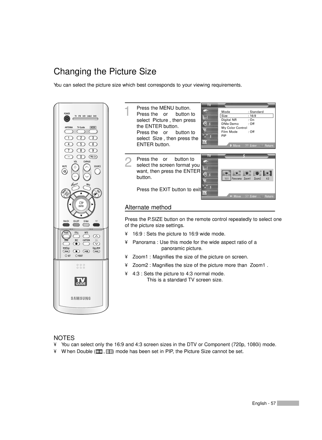 Samsung HL-R6167W, HL-R5067W, HL-R5667W manual Changing the Picture Size 