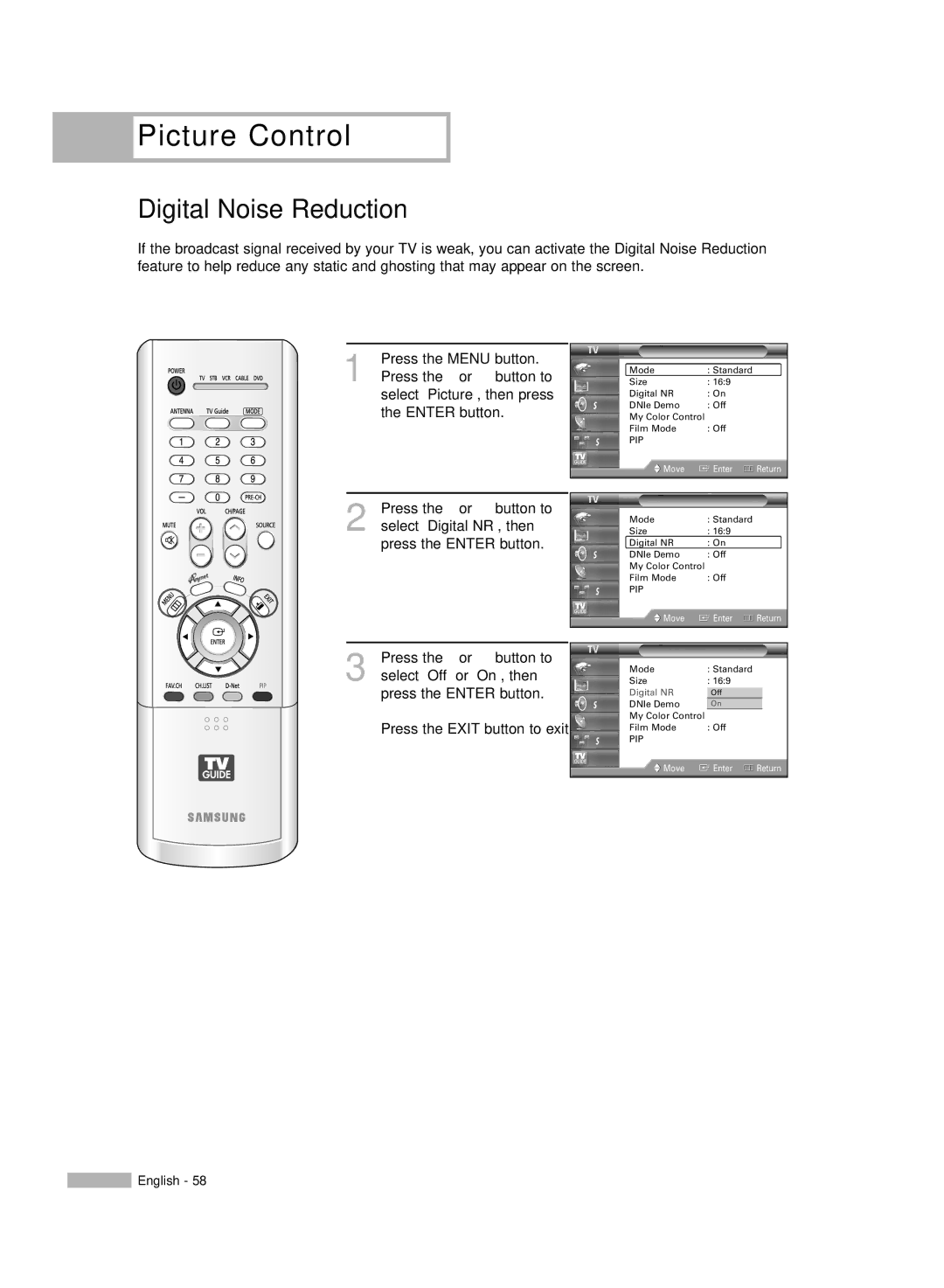 Samsung HL-R5067W, HL-R6167W, HL-R5667W manual Digital Noise Reduction 