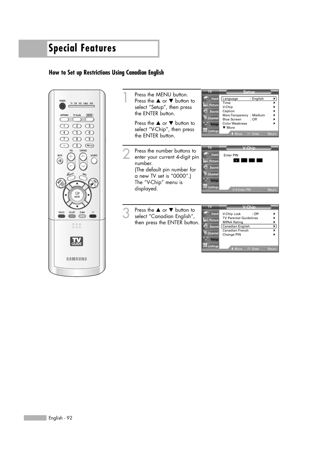 Samsung HL-R5667W, HL-R6167W, HL-R5067W manual How to Set up Restrictions Using Canadian English 