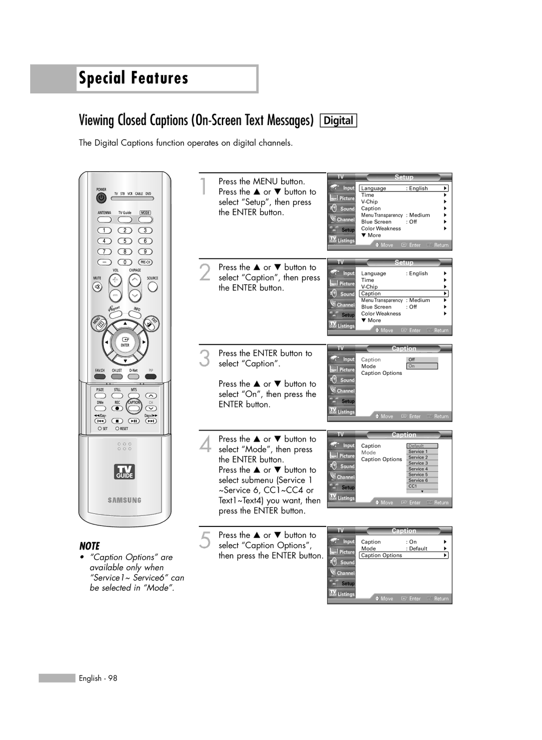 Samsung HL-R5667W, HL-R6167W, HL-R5067W manual Digital Captions function operates on digital channels 