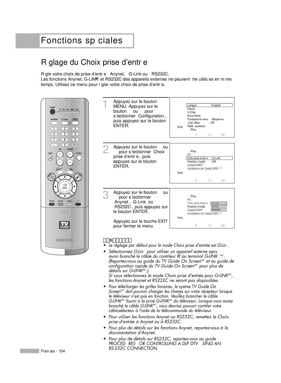 Samsung HL-R6178W, HL-R5078W, HL-R5678W manual Réglage du Choix prise dentrée, † pour sélectionner Choix, Prise dentrée, puis 