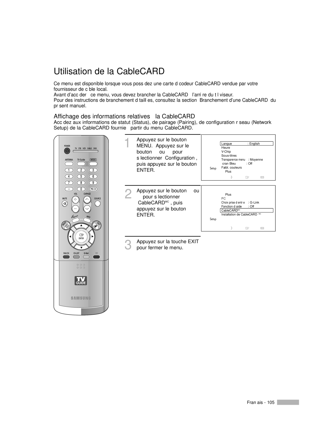 Samsung HL-R5078W, HL-R6178W, HL-R5678W Utilisation de la CableCARD, Affichage des informations relatives à la CableCARD 