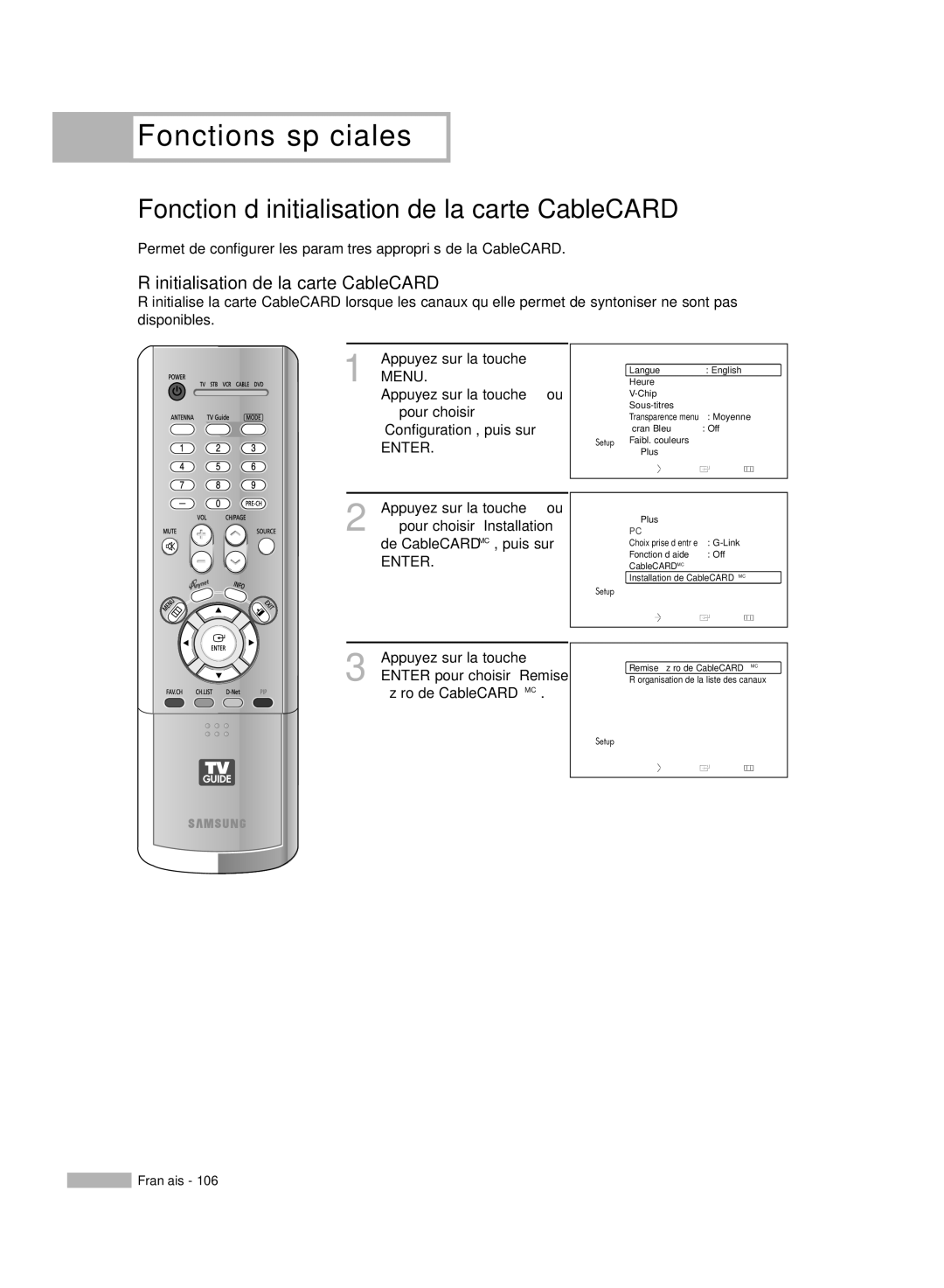 Samsung HL-R5678W, HL-R6178W manual Fonction d’initialisation de la carte CableCARD, Réinitialisation de la carte CableCARD 