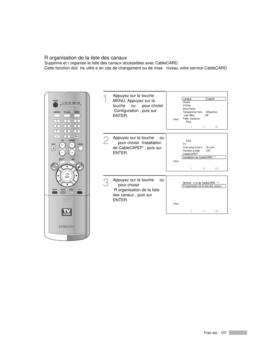 Samsung HL-R7178W, HL-R6178W, HL-R5078W, HL-R5678W manual Réorganisation de la liste des canaux 