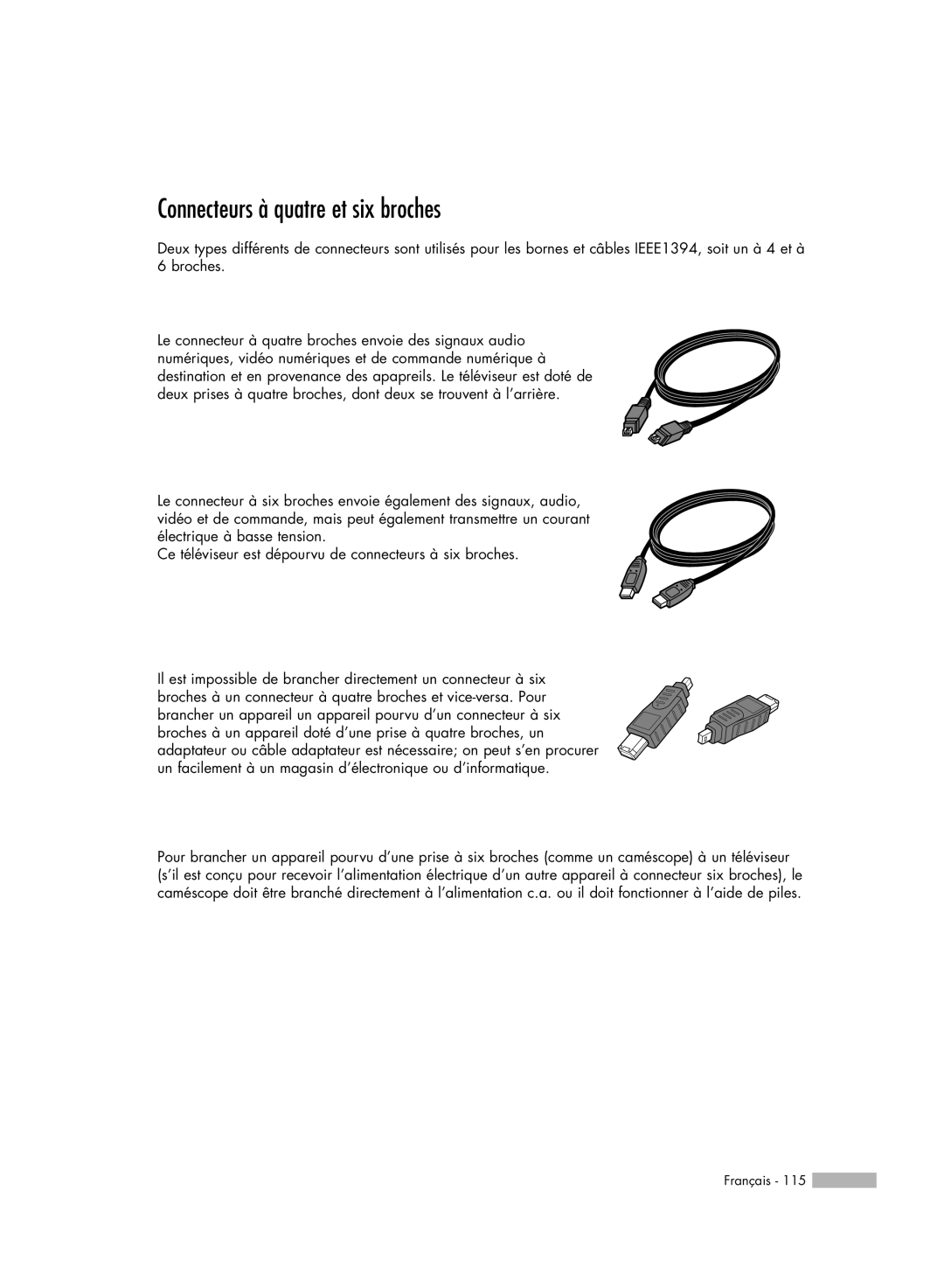 Samsung HL-R7178W, HL-R6178W, HL-R5078W, HL-R5678W manual Connecteurs à quatre et six broches 