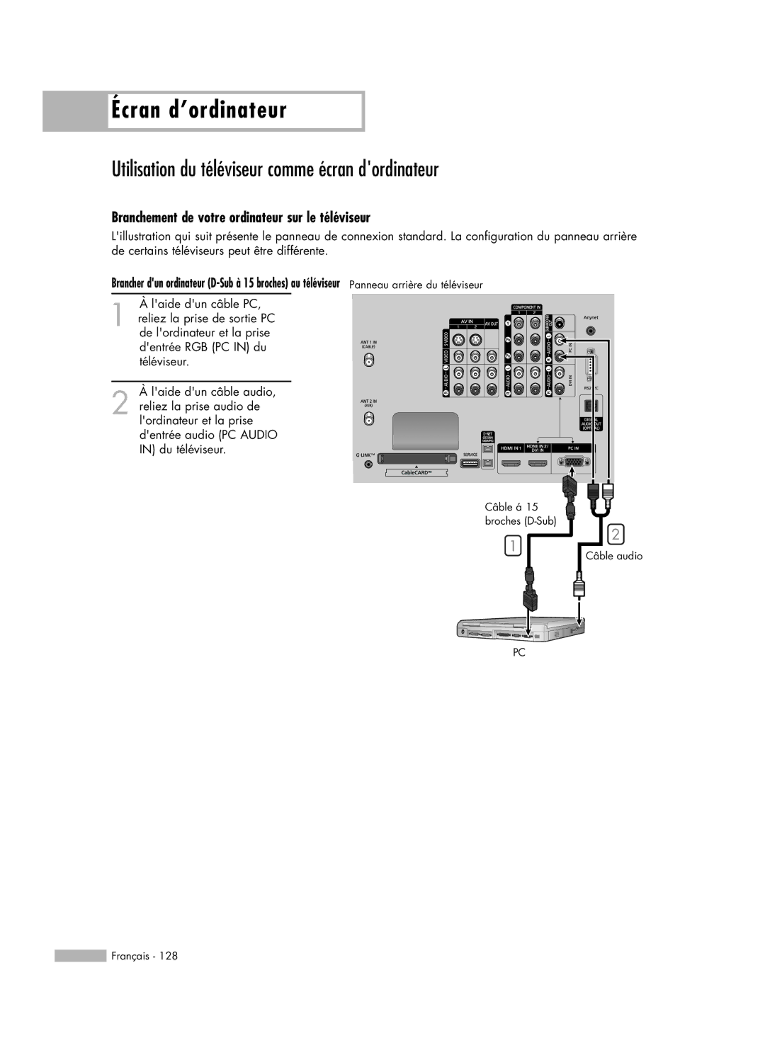 Samsung HL-R6178W Utilisation du téléviseur comme écran dordinateur, Branchement de votre ordinateur sur le téléviseur 