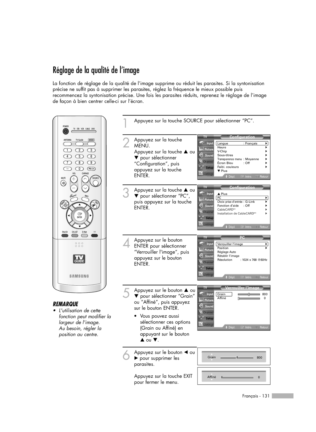 Samsung HL-R7178W, HL-R6178W, HL-R5078W Réglage de la qualité de l’image, † pour sélectionner Grain, Verrouiller l’image 