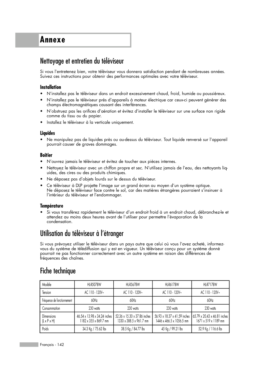 Samsung HL-R5678W, HL-R6178W Nettoyage et entretien du téléviseur, Utilisation du téléviseur à l’étranger, Fiche technique 