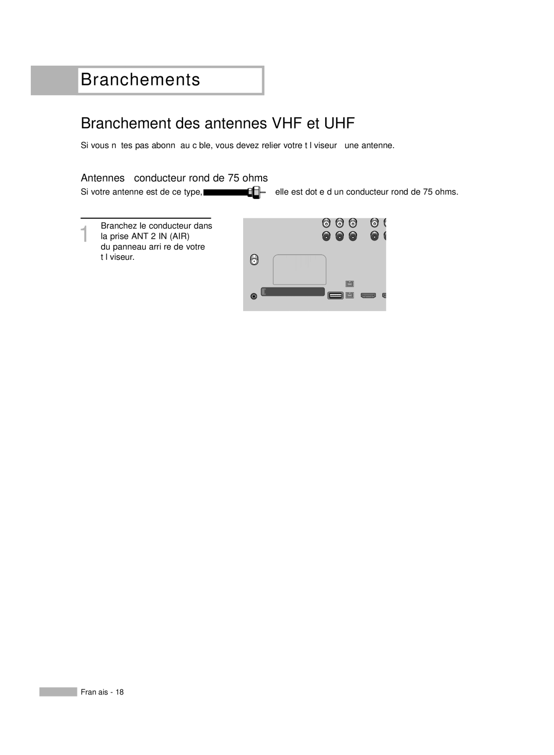 Samsung HL-R5678W, HL-R6178W, HL-R5078W, HL-R7178W manual Branchements, Branchement des antennes VHF et UHF 