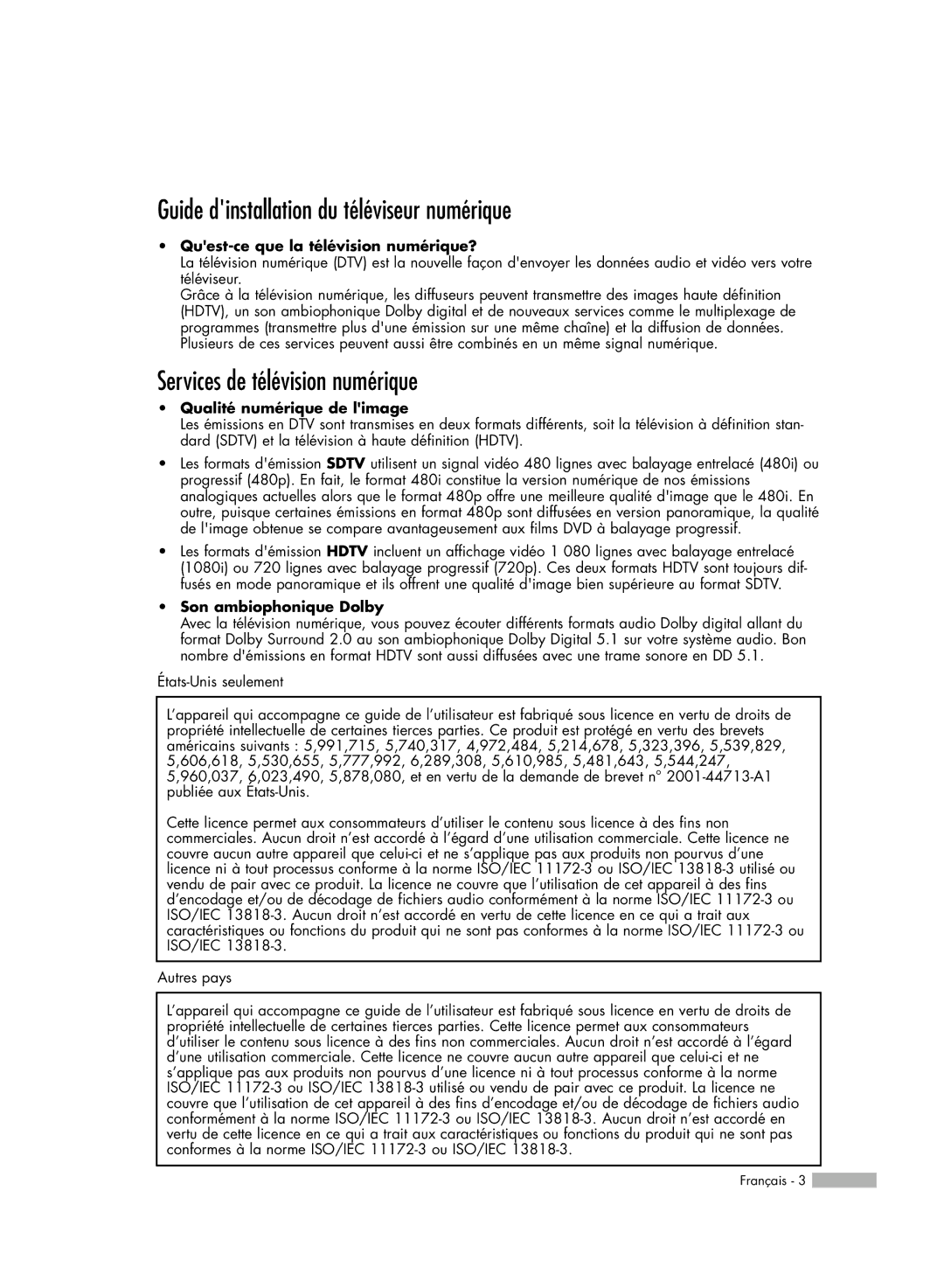 Samsung HL-R7178W Guide dinstallation du téléviseur numérique, Services de télévision numérique, Son ambiophonique Dolby 