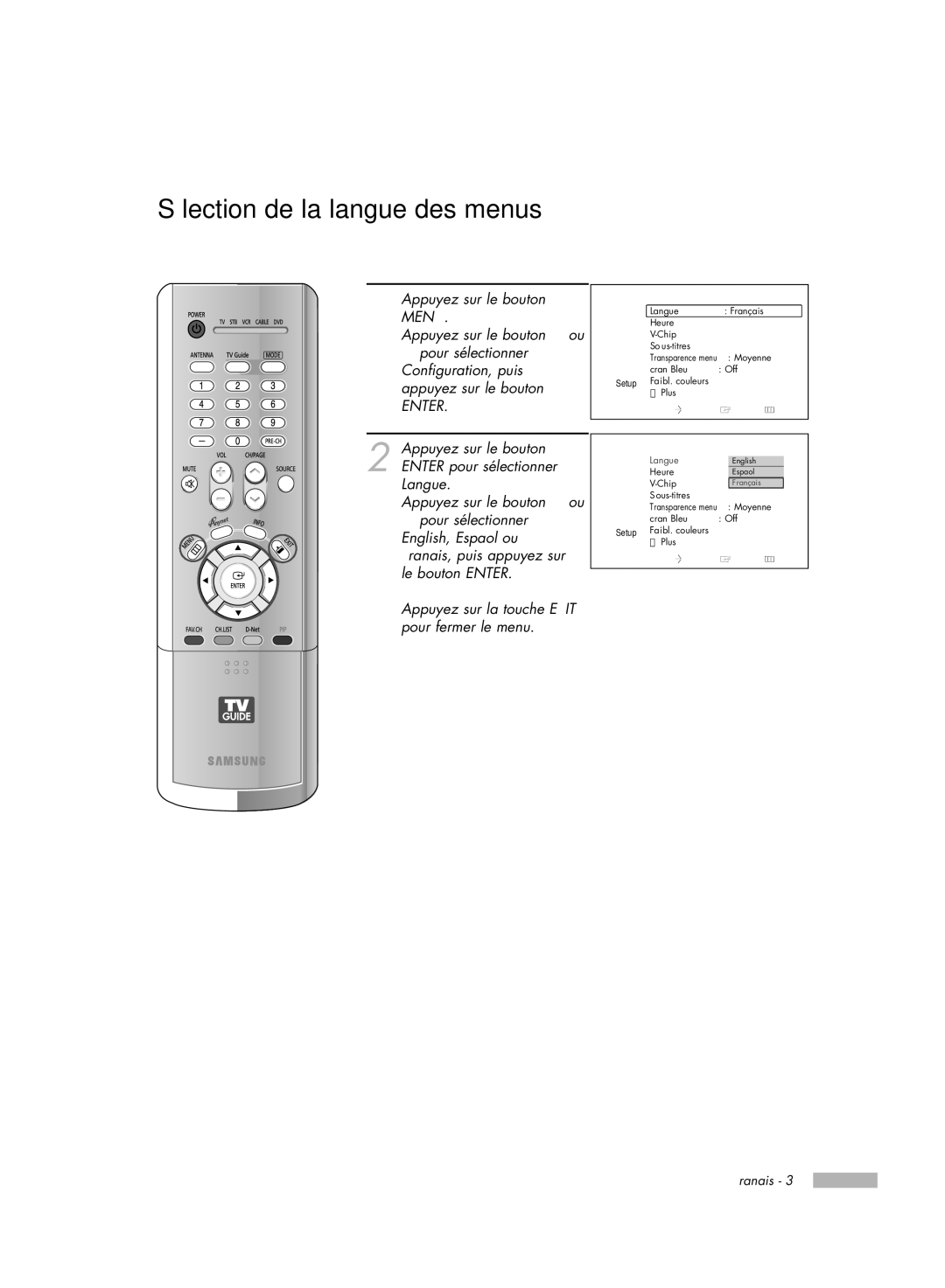 Samsung HL-R7178W, HL-R6178W, HL-R5078W, HL-R5678W manual Sélection de la langue des menus, Configuration 