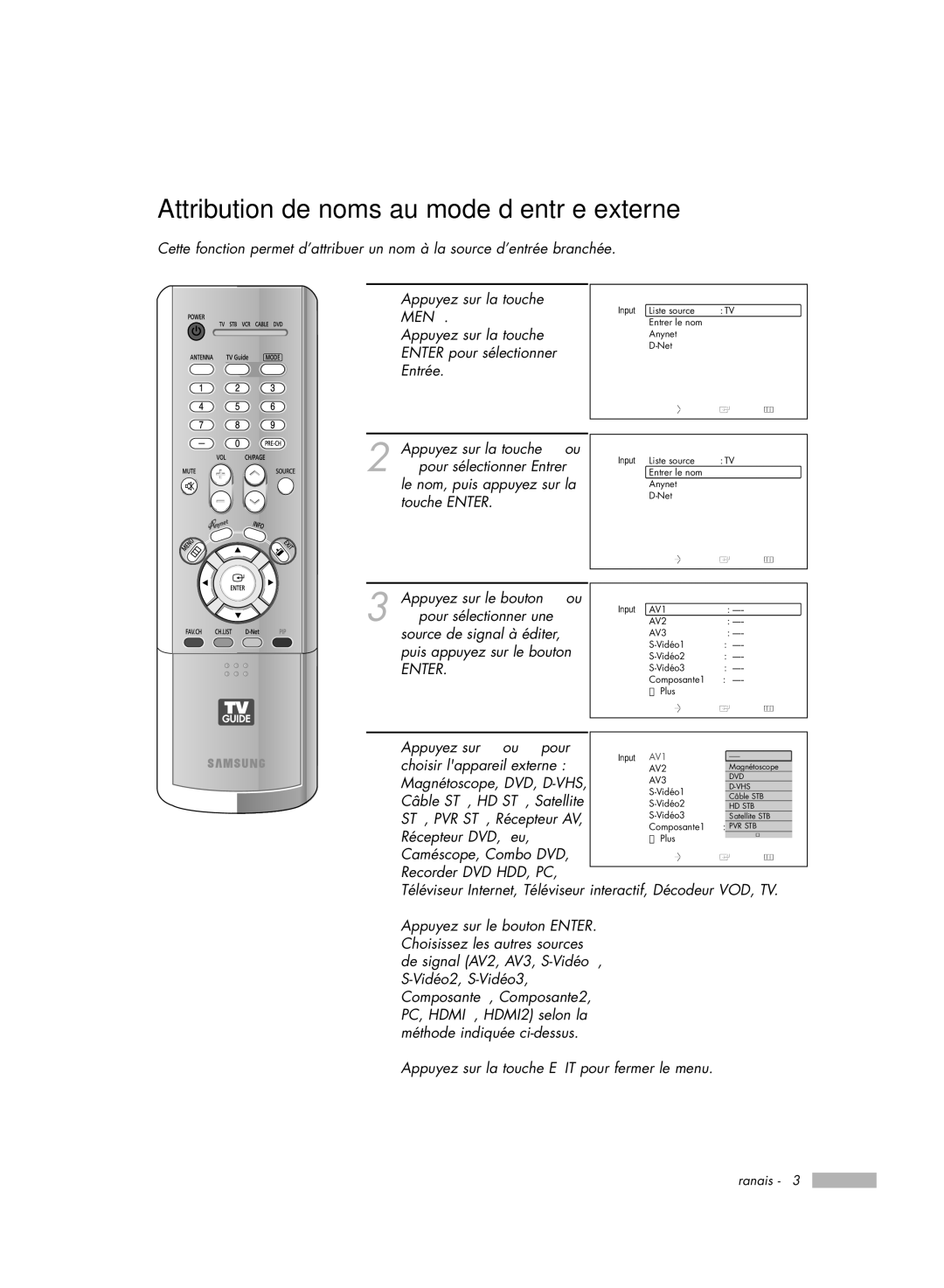 Samsung HL-R7178W manual Attribution de noms au mode d’entrée externe, Appuyez sur … ou † pour, Choisir lappareil externe 