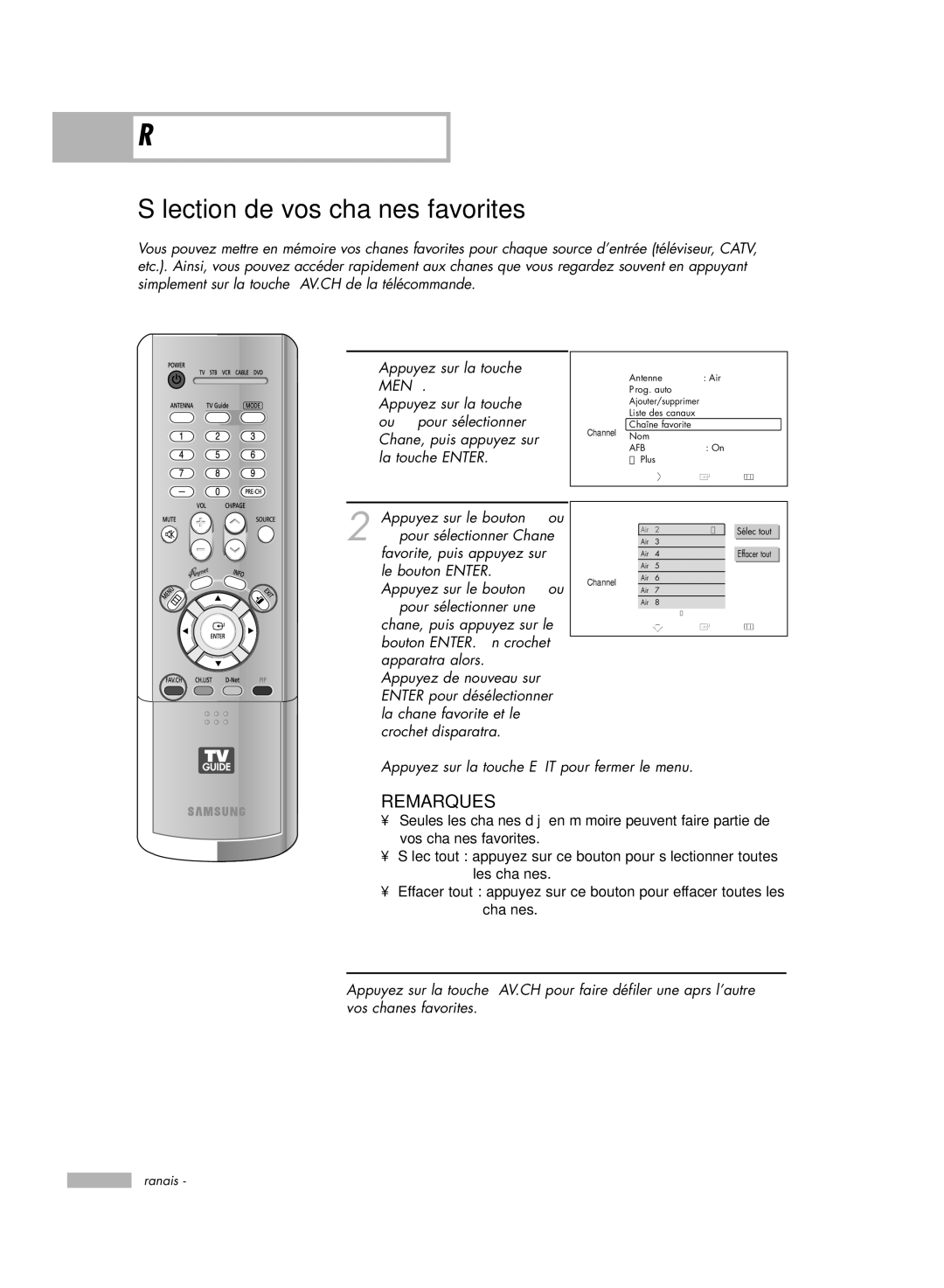 Samsung HL-R5678W, HL-R6178W Sélection de vos chaînes favorites, Pour visionner vos chaînes favorites, Chaîne favorite 