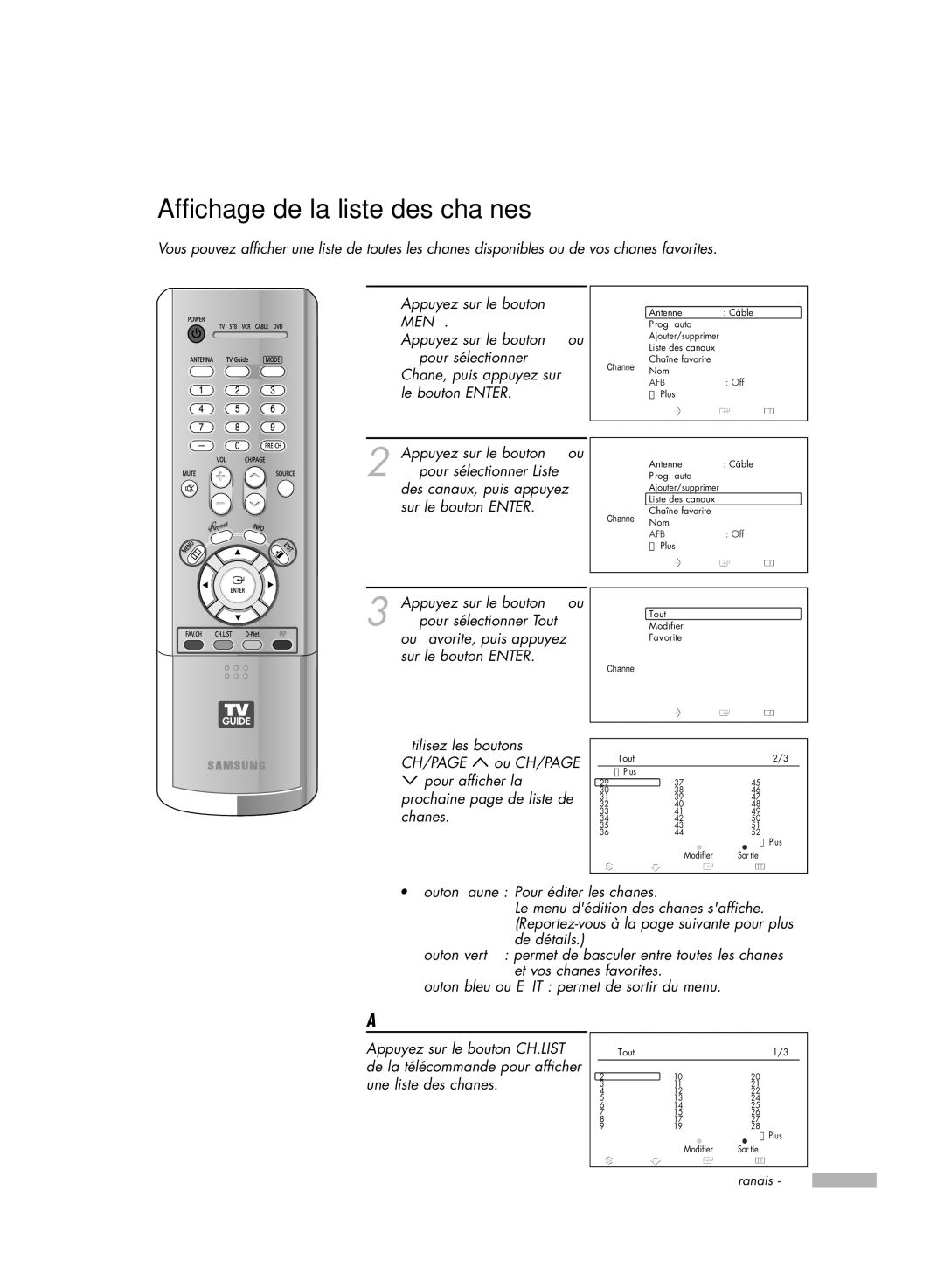 Samsung HL-R7178W, HL-R6178W, HL-R5078W, HL-R5678W manual Affichage de la liste des chaînes, Liste des canaux 