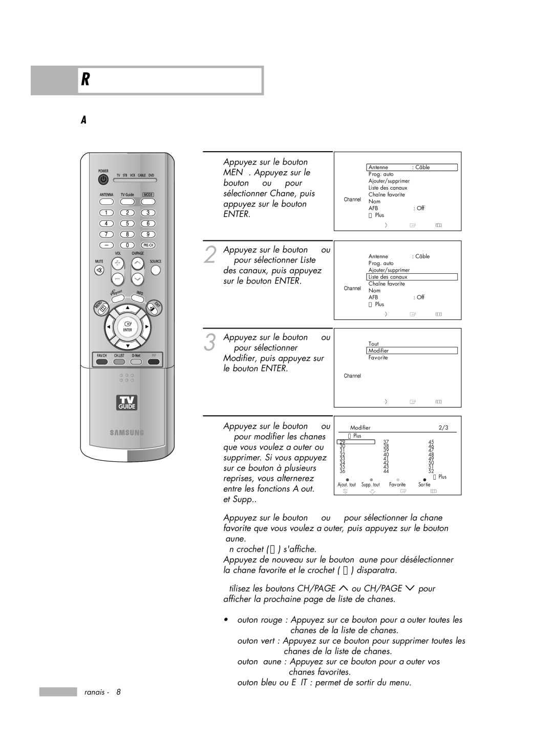 Samsung HL-R6178W, HL-R5078W, HL-R5678W, HL-R7178W manual Ajout et suppression de chaînes 