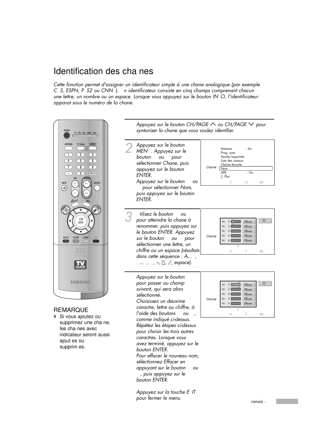 Samsung HL-R5078W, HL-R6178W, HL-R5678W, HL-R7178W manual Identification des chaînes, Nom 