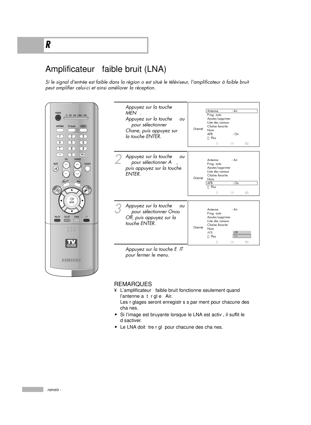 Samsung HL-R5678W, HL-R6178W, HL-R5078W, HL-R7178W manual Amplificateur à faible bruit LNA 