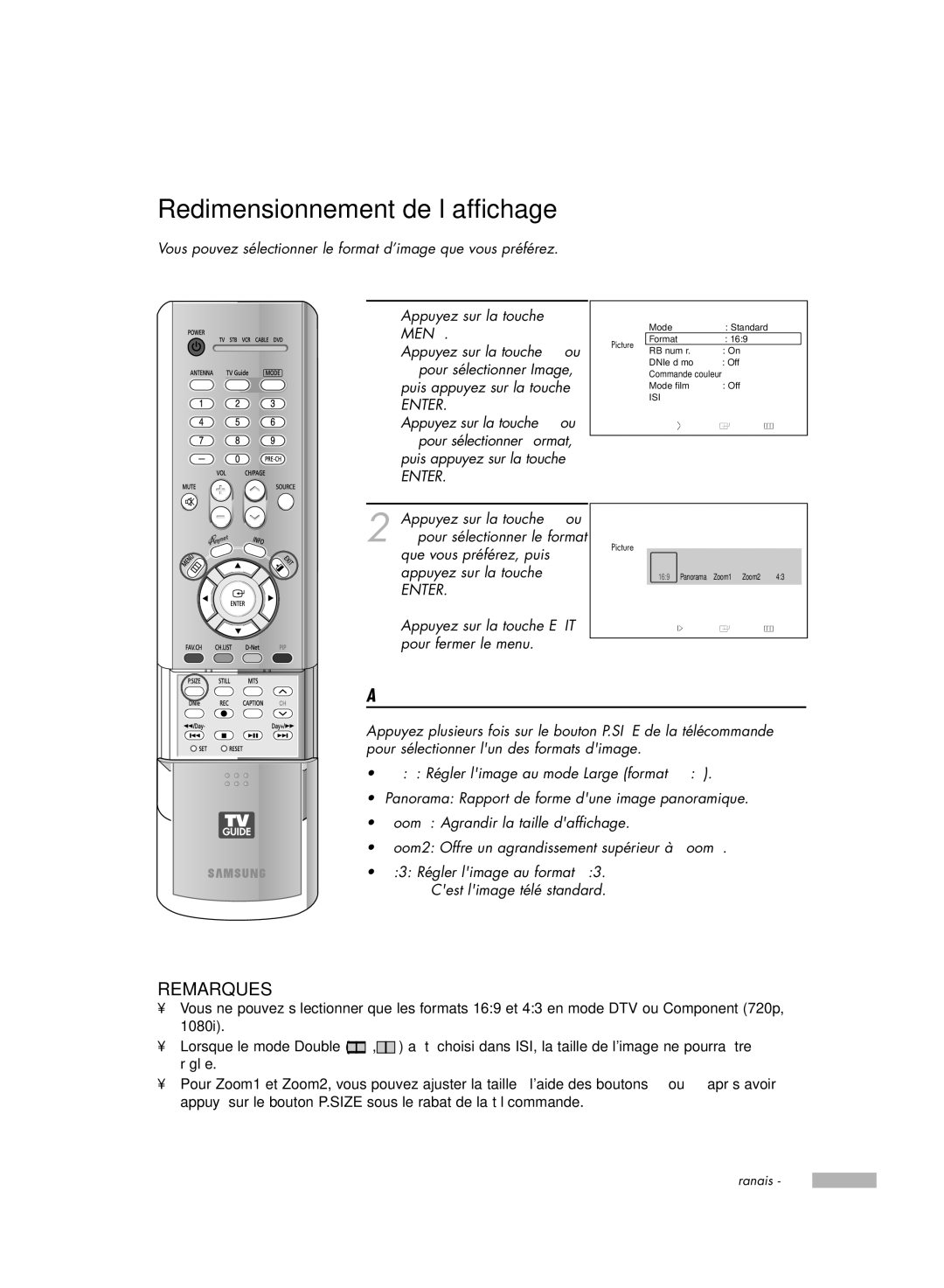 Samsung HL-R5078W, HL-R6178W, HL-R5678W, HL-R7178W manual Redimensionnement de l’affichage, Format 