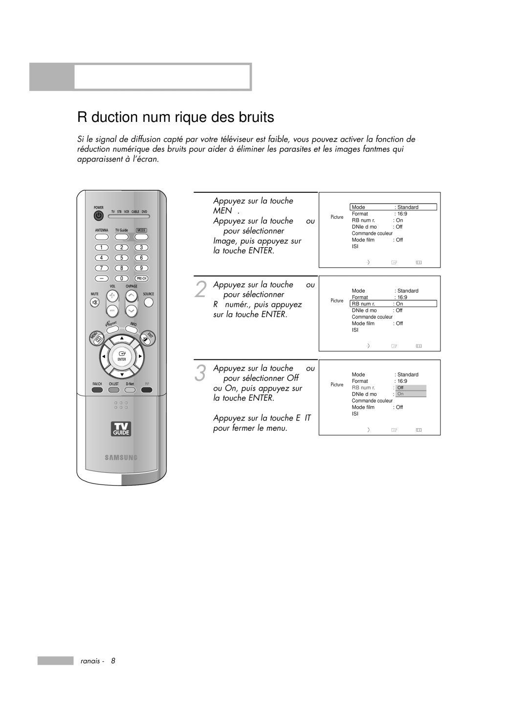 Samsung HL-R5678W, HL-R6178W, HL-R5078W, HL-R7178W manual Réduction numérique des bruits 