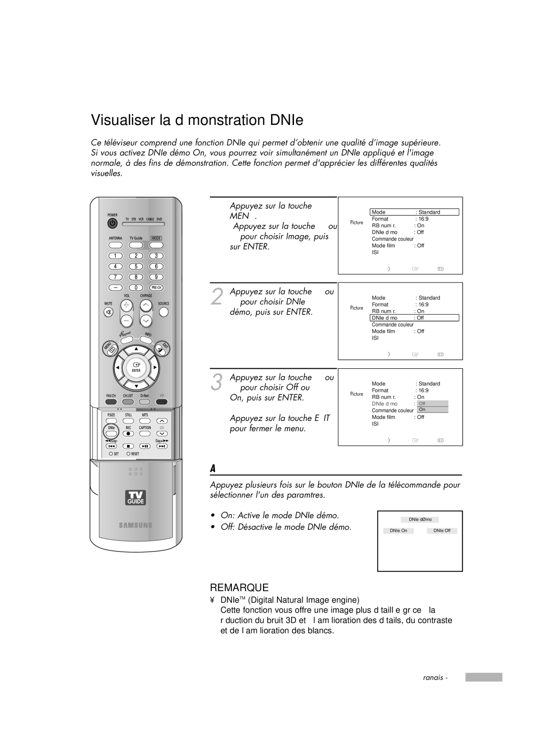 Samsung HL-R7178W, HL-R6178W, HL-R5078W, HL-R5678W manual Visualiser la démonstration DNIe 