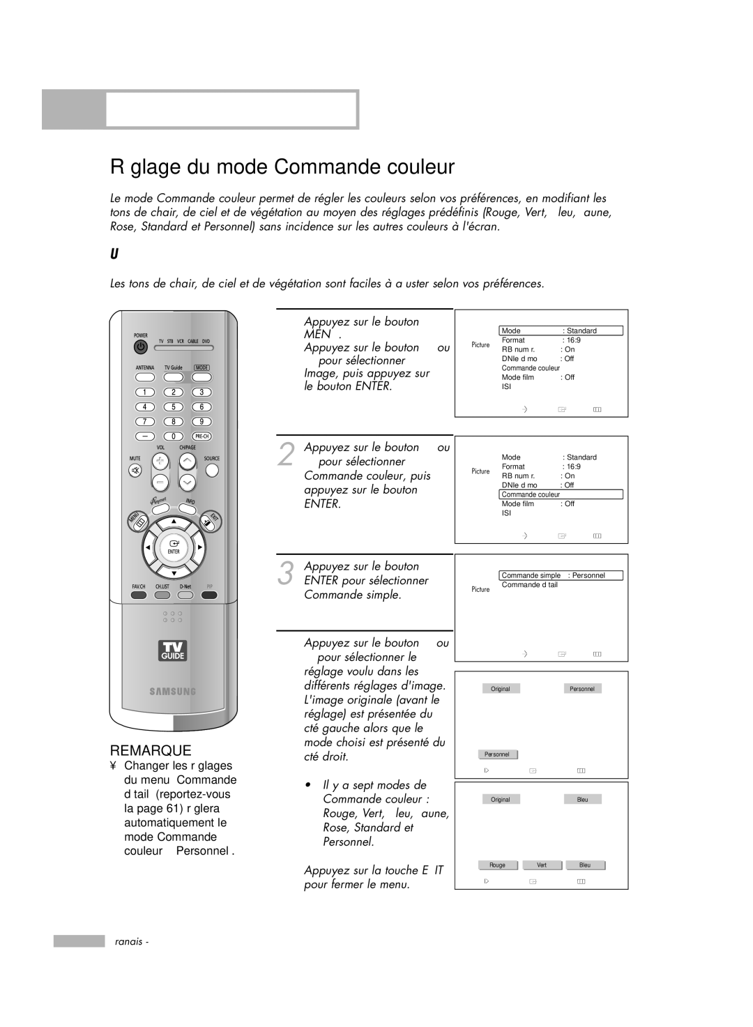 Samsung HL-R6178W, HL-R5078W, HL-R5678W manual Réglage du mode Commande couleur, Image, puis appuyez sur, Le bouton Enter 