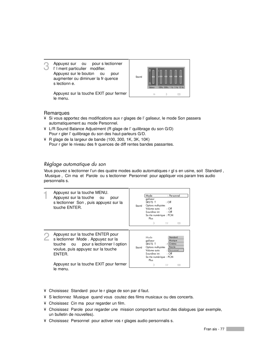 Samsung HL-R5078W, HL-R6178W, HL-R5678W, HL-R7178W manual Réglage automatique du son, Égaliseur 