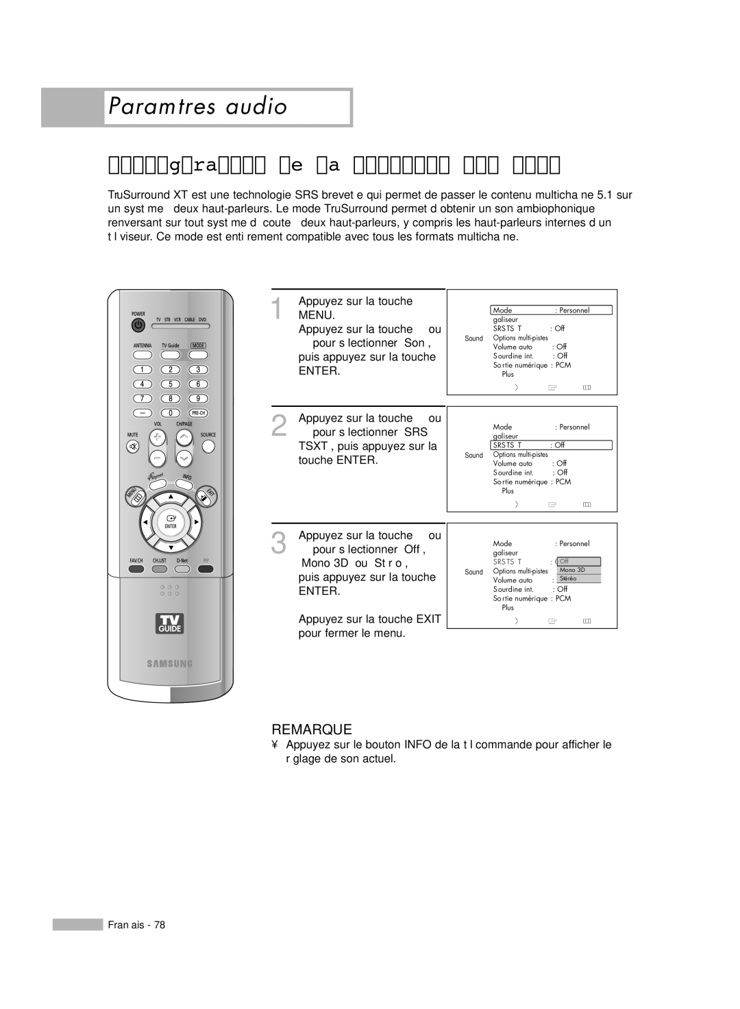 Samsung HL-R5678W, HL-R6178W Configuration de la fonction SRS Tsxt, Appuyez sur la touche Menu Appuyez sur la touche … ou 