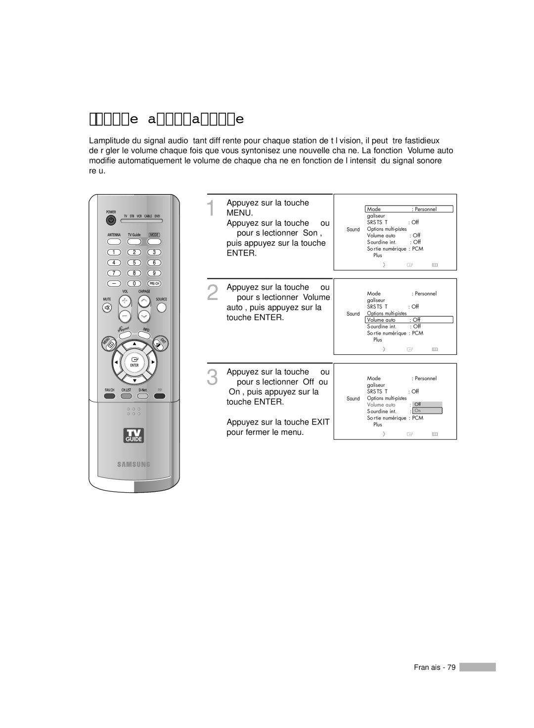 Samsung HL-R7178W, HL-R6178W, HL-R5078W, HL-R5678W manual Volume automatique 