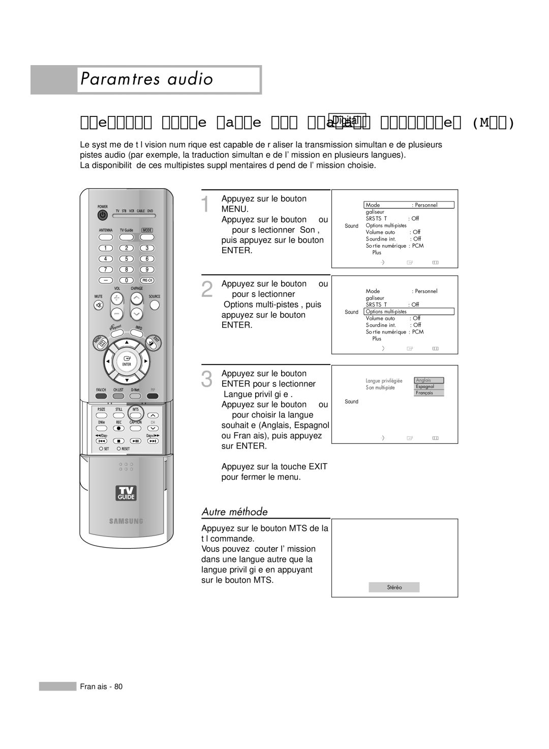 Samsung HL-R6178W, HL-R5078W, HL-R5678W, HL-R7178W manual Appuyez sur le bouton MTS de la télécommande, Options multi-pistes 