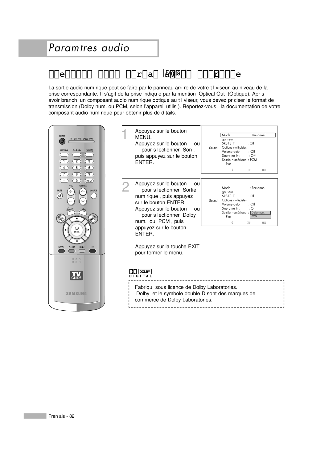 Samsung HL-R5678W, HL-R6178W, HL-R5078W † pour sélectionner Son, Puis appuyez sur le bouton, † pour sélectionner Sortie 