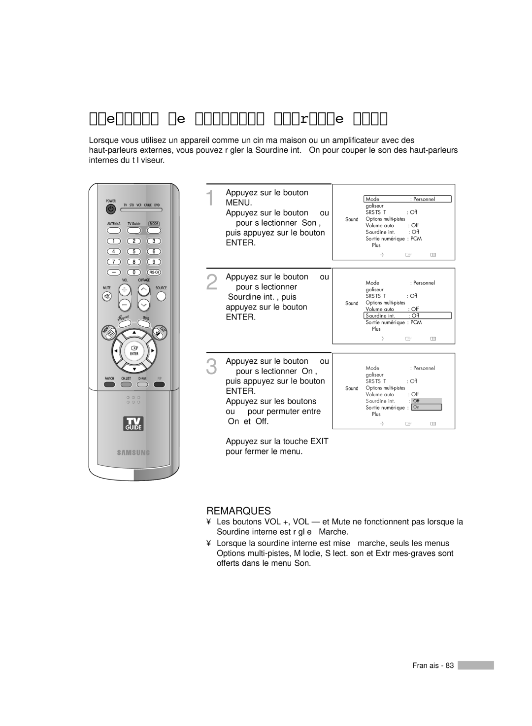 Samsung HL-R7178W, HL-R6178W, HL-R5078W, HL-R5678W manual Sélection de loption Sourdine int 