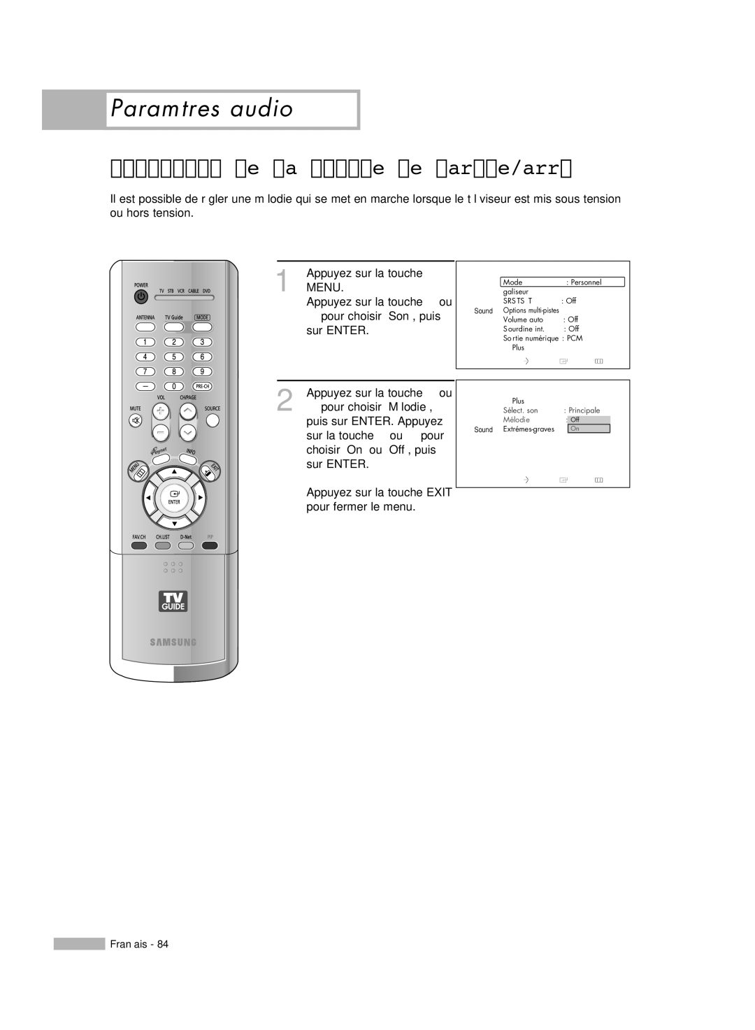 Samsung HL-R6178W, HL-R5078W, HL-R5678W, HL-R7178W manual Définition de la mélodie de marche/arrêt 