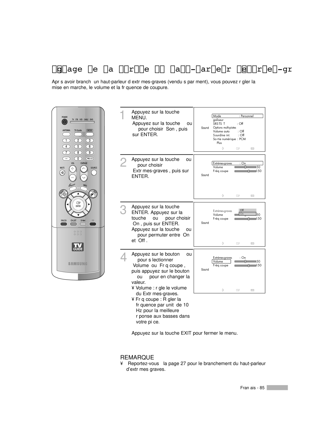 Samsung HL-R5078W, HL-R6178W, HL-R5678W, HL-R7178W Réglage de la sortie du haut-parleur d’extrêmes-graves, Extrémes-graves 