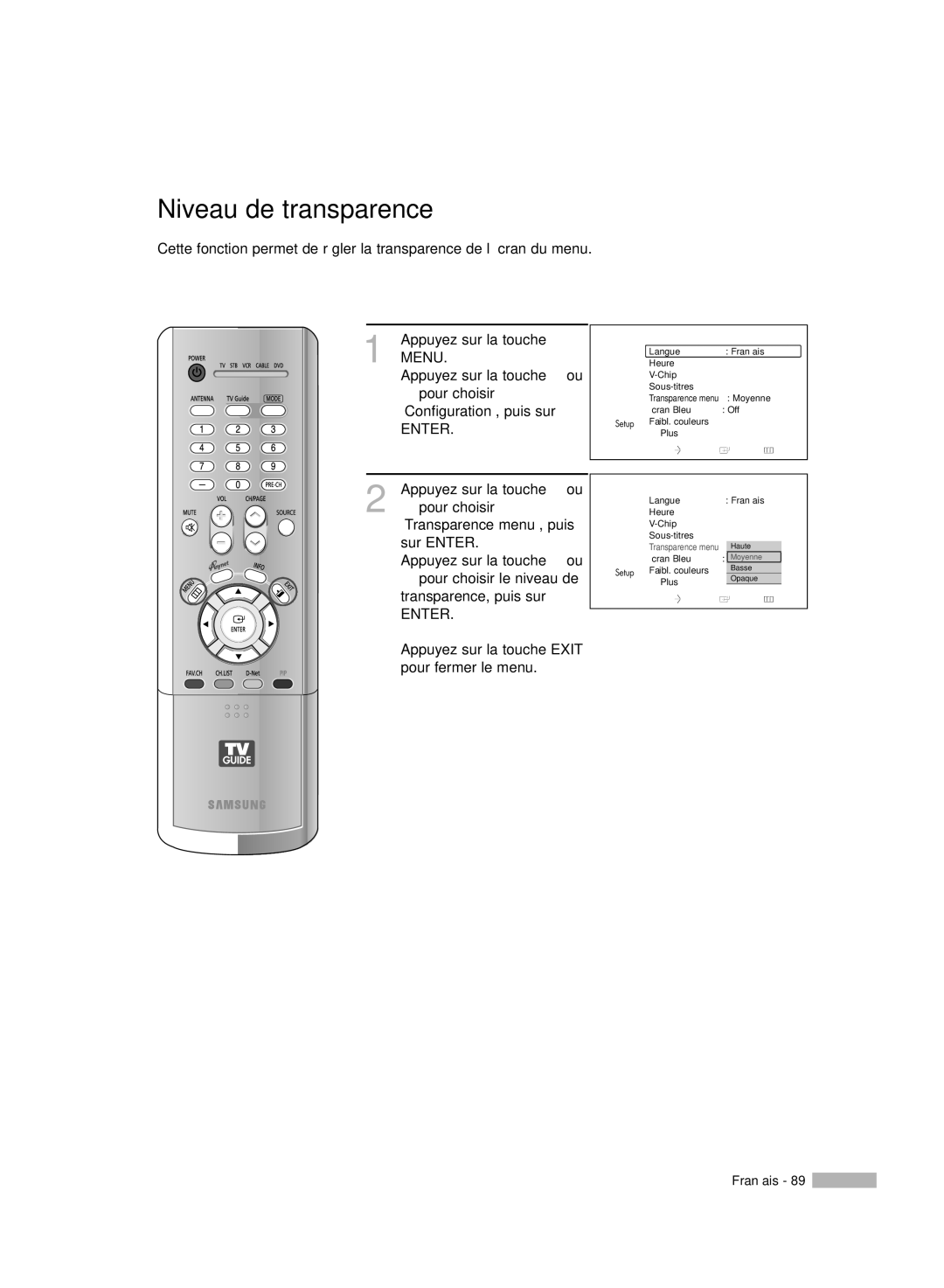 Samsung HL-R5078W, HL-R6178W, HL-R5678W, HL-R7178W manual Niveau de transparence 