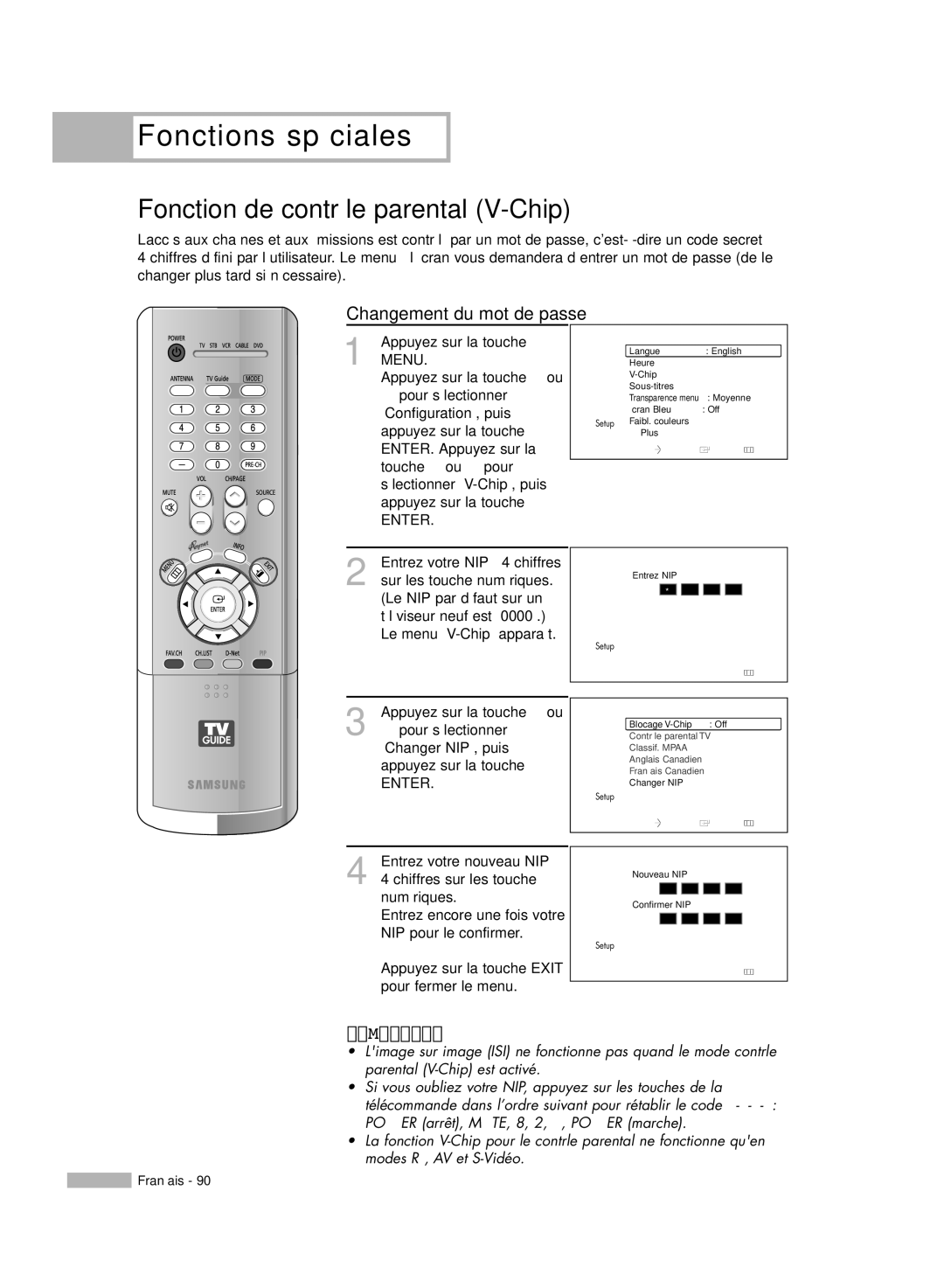 Samsung HL-R5678W, HL-R6178W, HL-R5078W manual Fonction de contrôle parental V-Chip, Changement du mot de passe, Changer NIP 