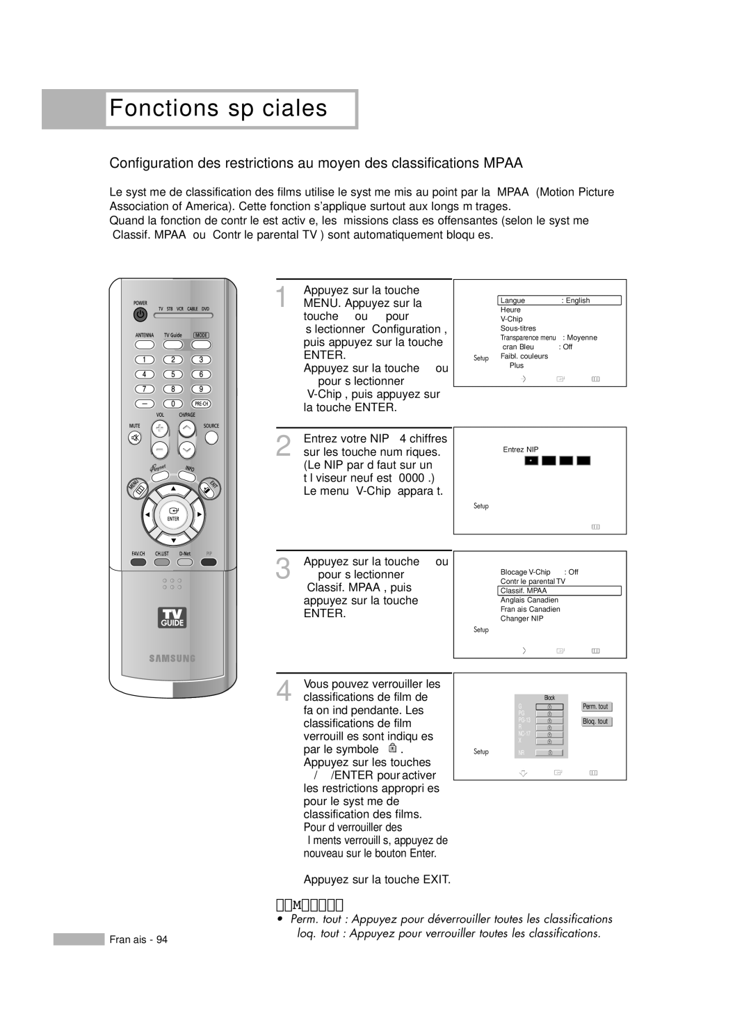 Samsung HL-R5678W, HL-R6178W, HL-R5078W, HL-R7178W manual Appuyez sur la touche Exit, Classif. Mpaa 