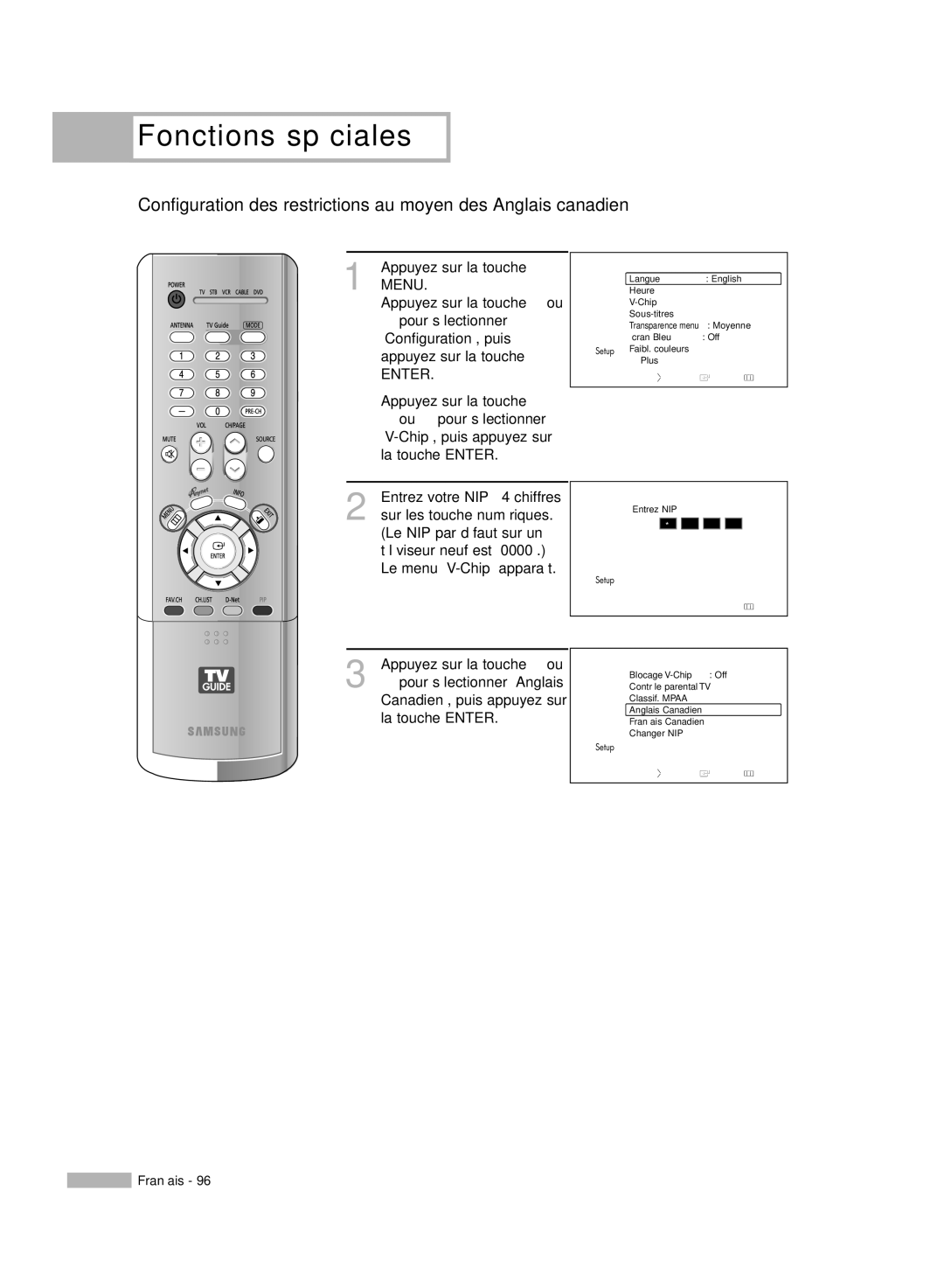 Samsung HL-R6178W, HL-R5078W, HL-R5678W, HL-R7178W manual Configuration des restrictions au moyen des Anglais canadien 